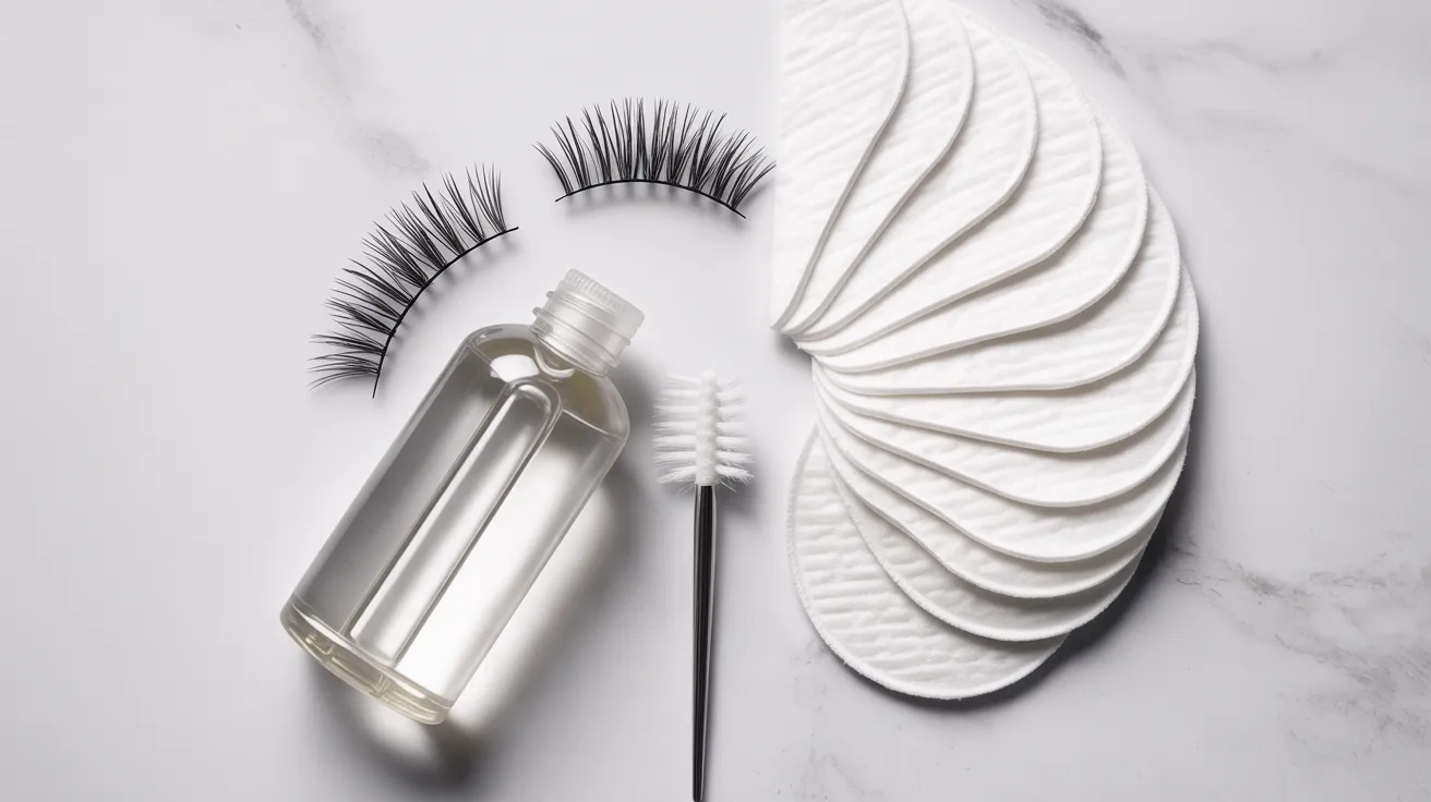 A bottle of clear liquid, false eyelashes, a brush with a black handle, and stacked cotton pads are arranged neatly on a marble surface, conveying a beauty theme.