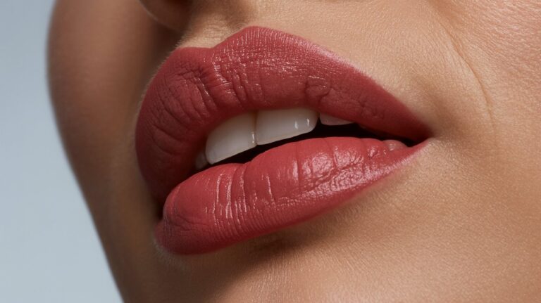 Close-up image of a woman's lips featuring rich red lipstick, emphasizing their fullness and polished appearance.