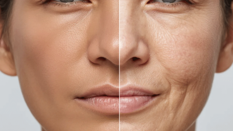 Before and after comparison of a woman's face, highlighting significant changes in skin texture and overall appearance.