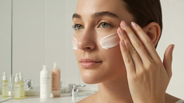 A woman gently applies facial cream to her face, focusing on skincare and self-care routines.