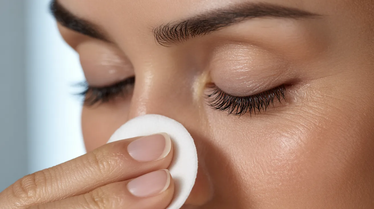 A woman is seen wiping her eye with a cotton pad, highlighting her attention to eye care.