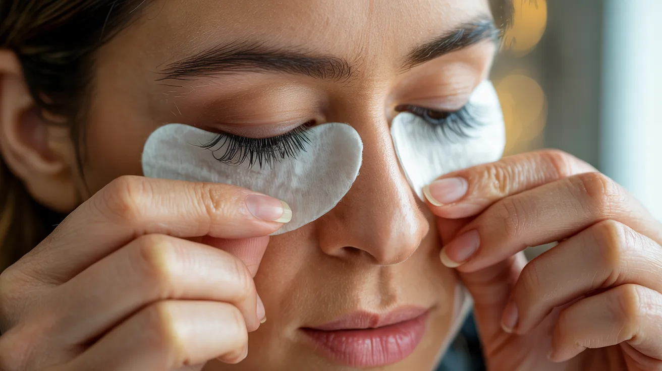 A woman applies eyelash pads to her eyes, preparing for eyelash extensions or makeup application.
