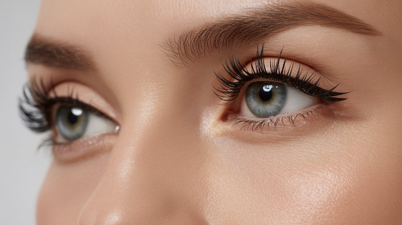 A close-up of a woman's eye showcasing long, elegant eyelashes against a soft background.