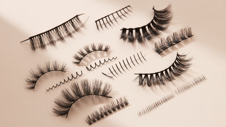 A variety of false eyelashes arranged on a light surface. The lashes vary in length and style, casting soft shadows, creating an elegant and fashionable mood.