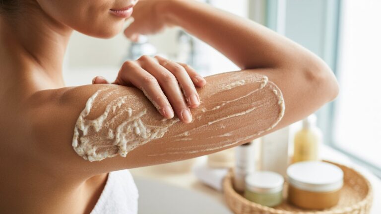 A woman is seen applying cream to her arm, emphasizing personal care and skin health.