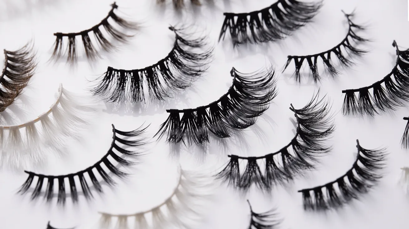 A variety of false eyelashes are scattered on a white background. They vary in thickness, length, and curl, showcasing different styles and colors from black to white.