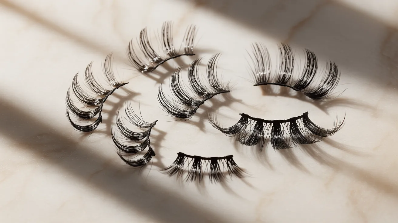Five pairs of false eyelashes arranged in a semicircle on a marble surface. Soft shadows create a serene, elegant, and artistic composition.
