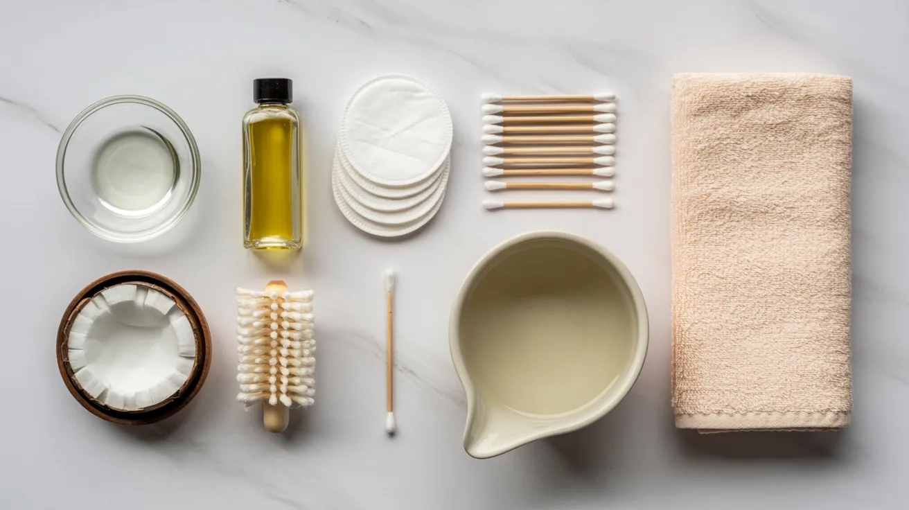 A collection of items including a towel, a bar of soap, and a bowl arranged together on a flat surface.