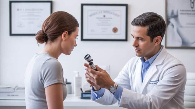 A doctor carefully examines a woman's ear with an otoscope in a clinical setting.