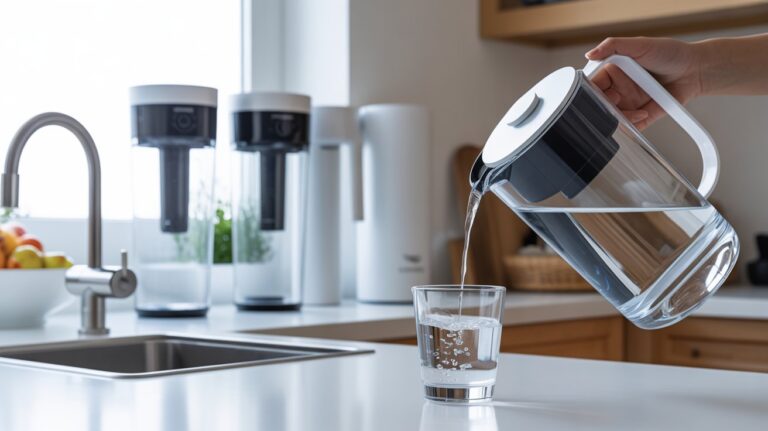 A modern kitchen features a hand pouring water from a sleek filter pitcher into a glass. The counter is white with fruits and plants, creating a fresh, clean vibe.