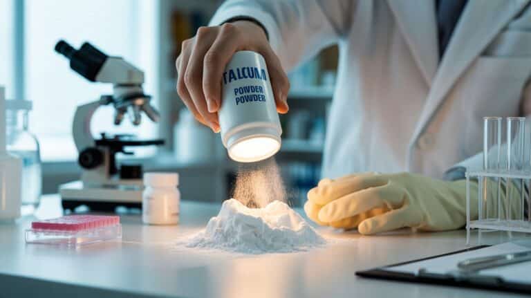 . A person in a lab coat pours powder into a container, demonstrating a scientific procedure in a laboratory setting.