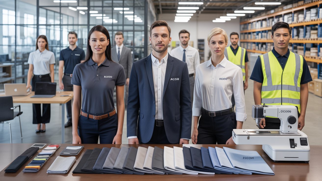 A group of diverse professionals stand confidently in a modern office, behind a table with assorted fabric samples and a sewing machine, conveying teamwork.