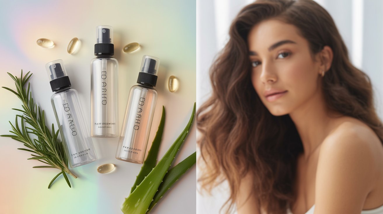 Three spray bottles labeled "EDARIO" are placed on a colorful background with rosemary, aloe, and capsules. To the right, a woman with wavy hair looks serene.