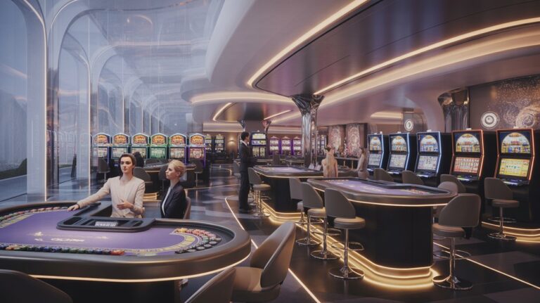Modern casino interior with elegant lighting, slot machines, and gaming tables. Two suited women are dealing cards, creating a sophisticated and lively atmosphere.