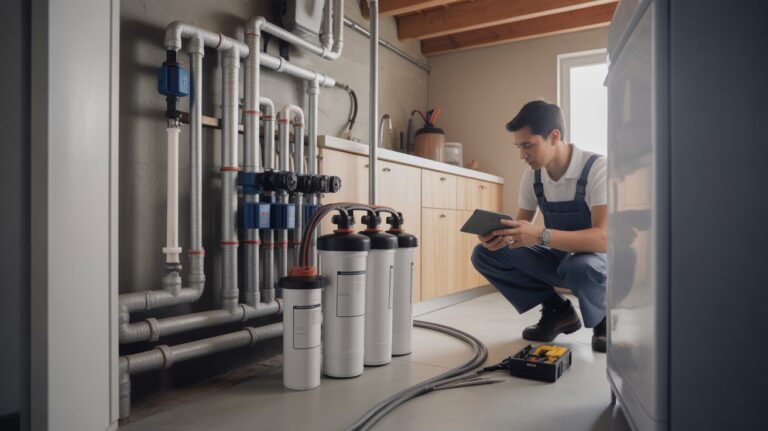 A technician in blue overalls inspects water filtration systems with a tablet. Pipes and tools are visible, highlighting a focused, professional environment.