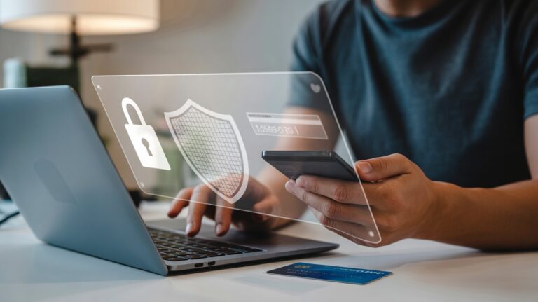 A person uses a laptop and smartphone with holographic shield and lock icons, indicating online security. A credit card lies on the desk.
