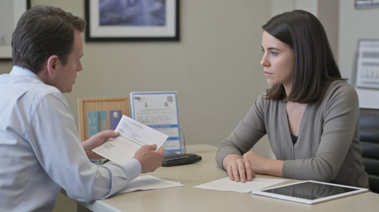 A man and woman sit at a desk in an office, discussing documents. The woman looks concerned, while the man explains something, holding a paper. Neutral tone.