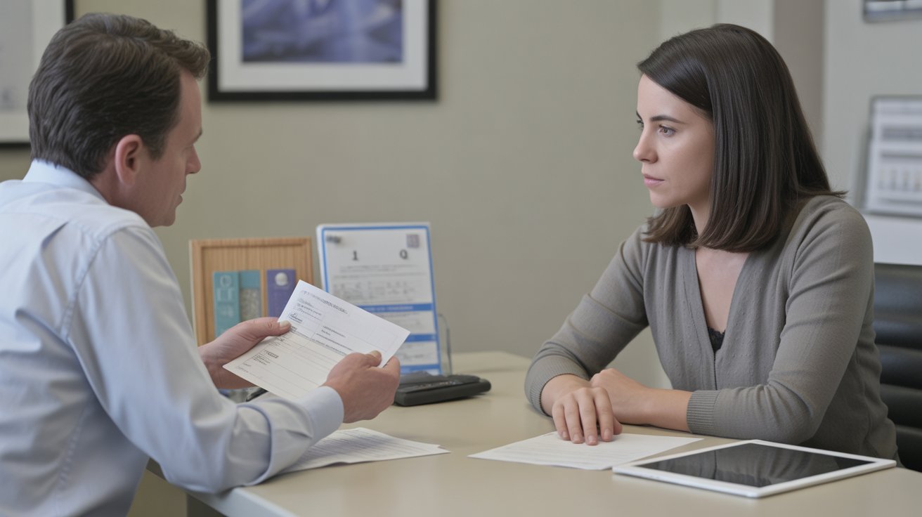 A man and woman sit at a desk in an office, discussing documents. The woman looks concerned, while the man explains something, holding a paper. Neutral tone.
