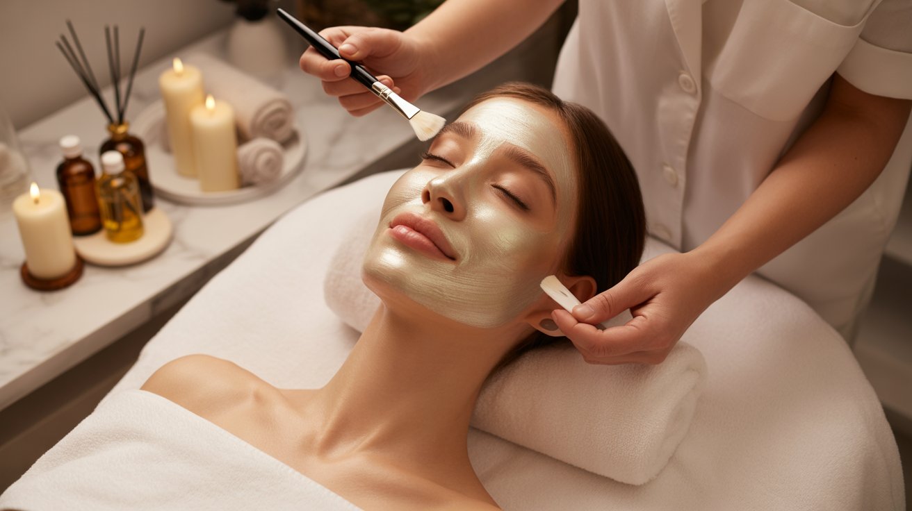 A woman relaxes with a facial, green mask applied by a professional in a spa setting. Lit candles and towels set a serene, calming ambiance.