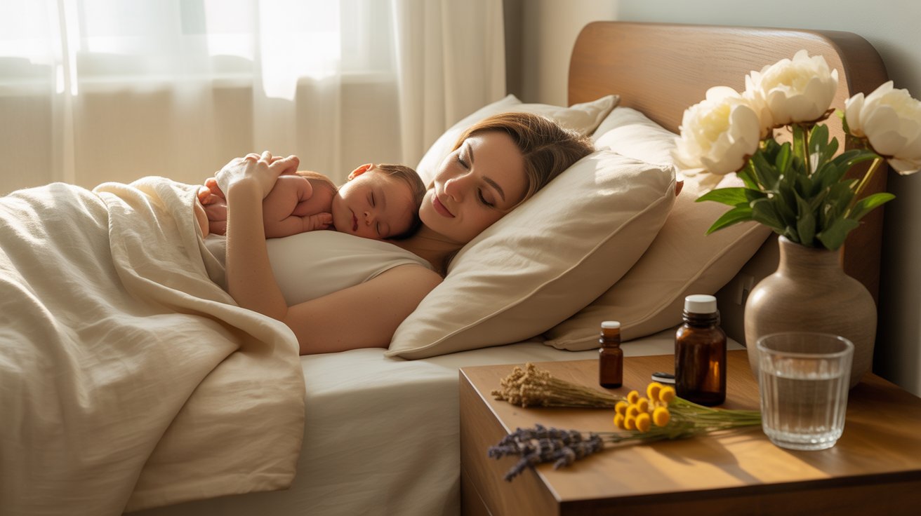 A serene scene of a mother and baby sleeping in bed. Sunlight filters through a window. A bedside table holds flowers, essential oils, and a glass of water.