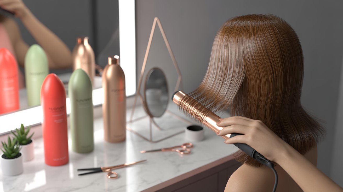 A person uses a copper-colored curling iron on shoulder-length brown hair, in front of a mirror on a marble counter with hair products and scissors.