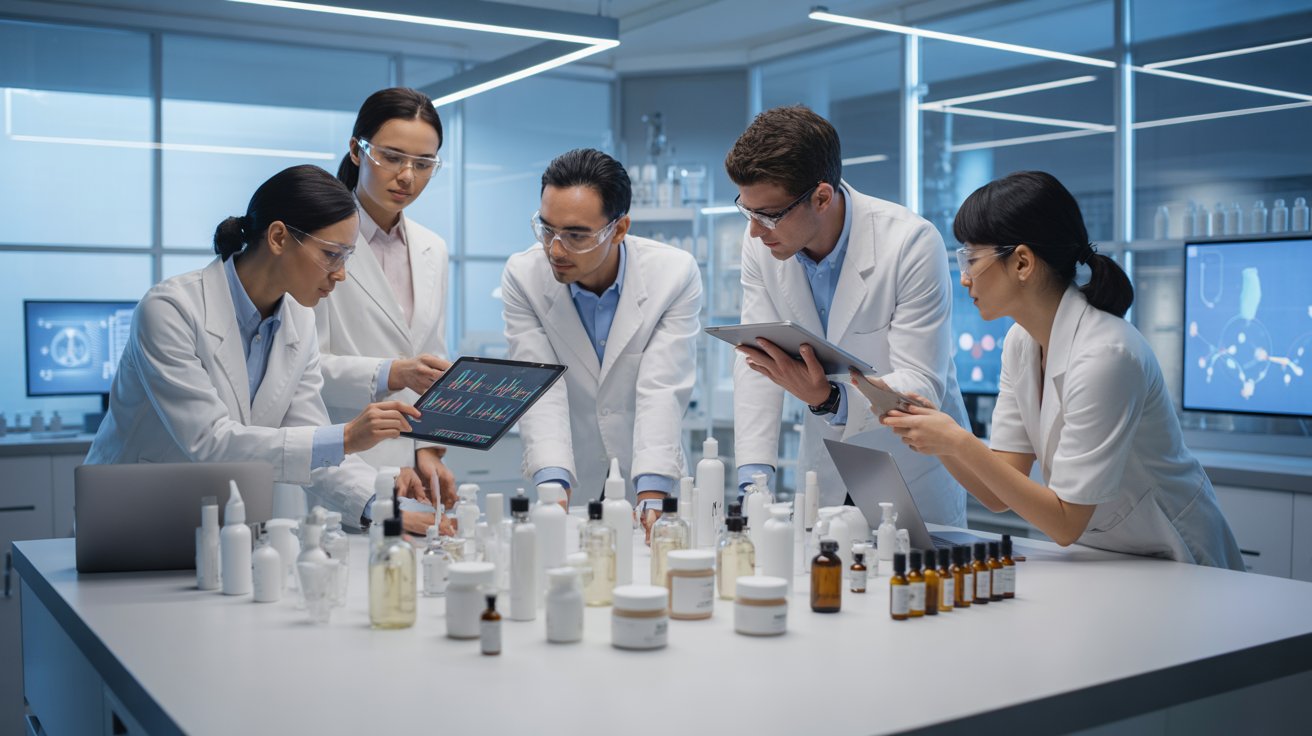 A group of five scientists in white lab coats analyze data on tablets in a modern lab, surrounded by bottles and instruments, conveying focus and collaboration.