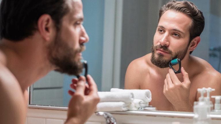 A man shaves his beard while looking into a bathroom mirror.