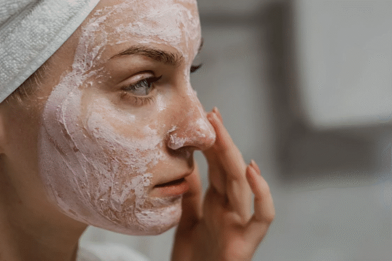 A person with a towel-wrapped head applies a creamy pink face mask, focusing intently. The setting is calm and suggests self-care and relaxation.