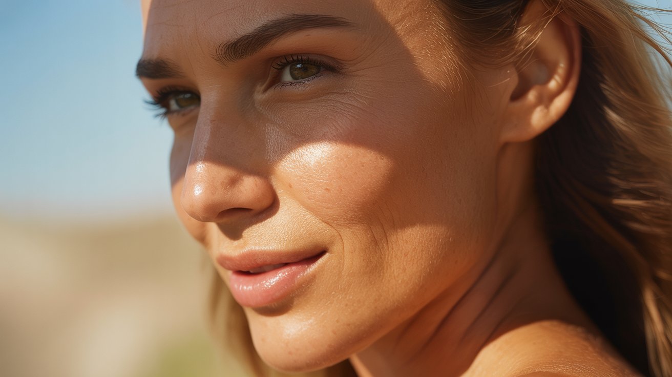 A woman with a noticeable sunburn on her face, showing red patches on her cheeks and forehead.