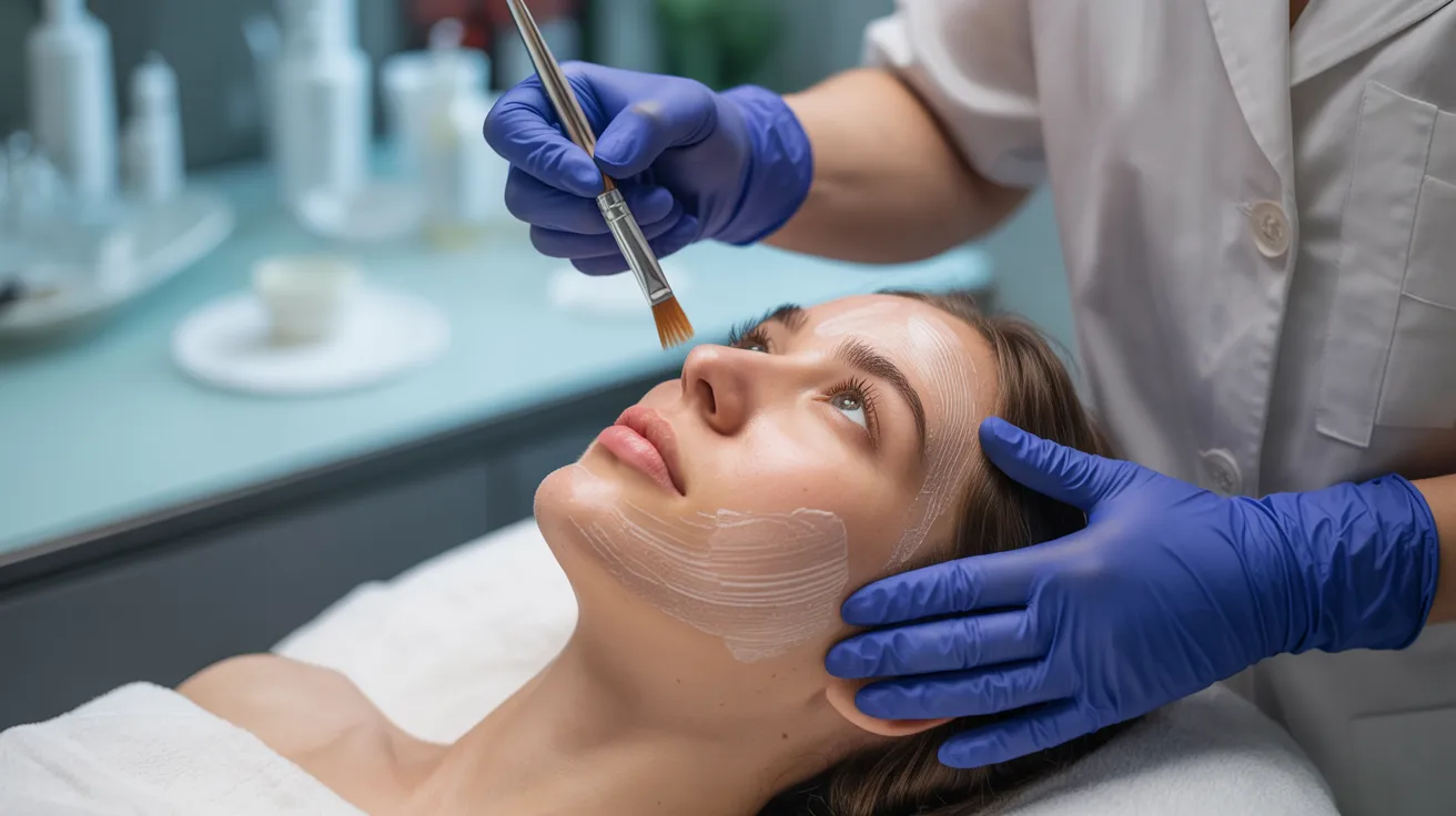 A woman receiving a facial treatment, relaxing on a spa bed with a serene expression and a therapist applying products.