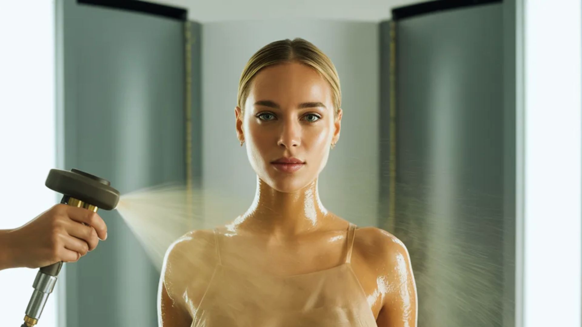 A woman is in a shower, having her hair washed as water streams down around her.