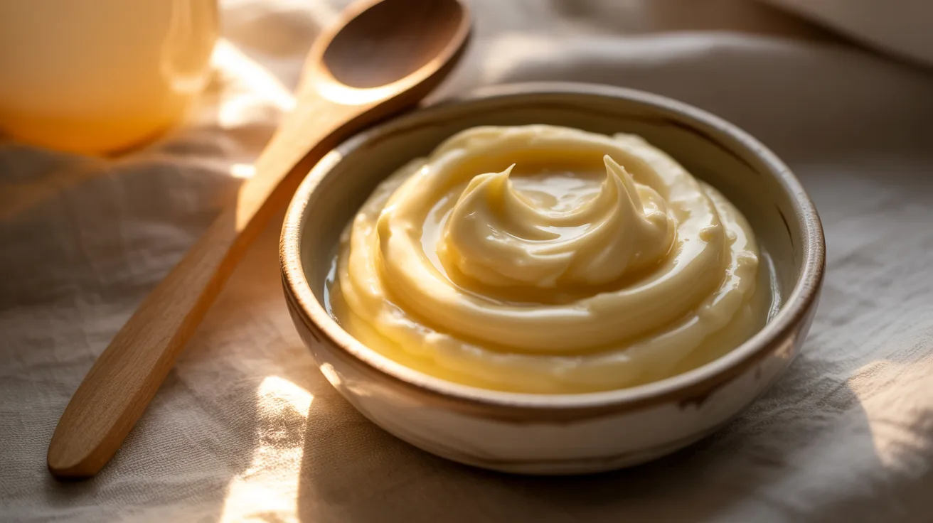 A small bowl of creamy homemade honey butter, with a wooden spoon resting beside it, set on a rustic wooden table.