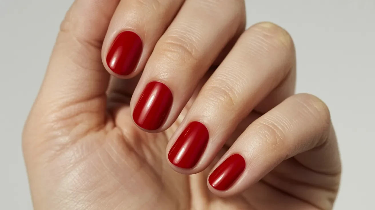 A close-up of a woman's hand displaying vibrant red nail polish on her fingers.