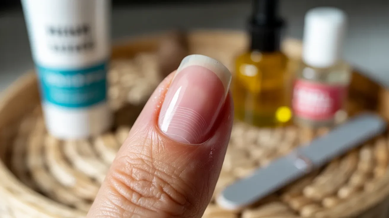 A person displaying a finger with colorful nail polish, showcasing a well-manicured nail.