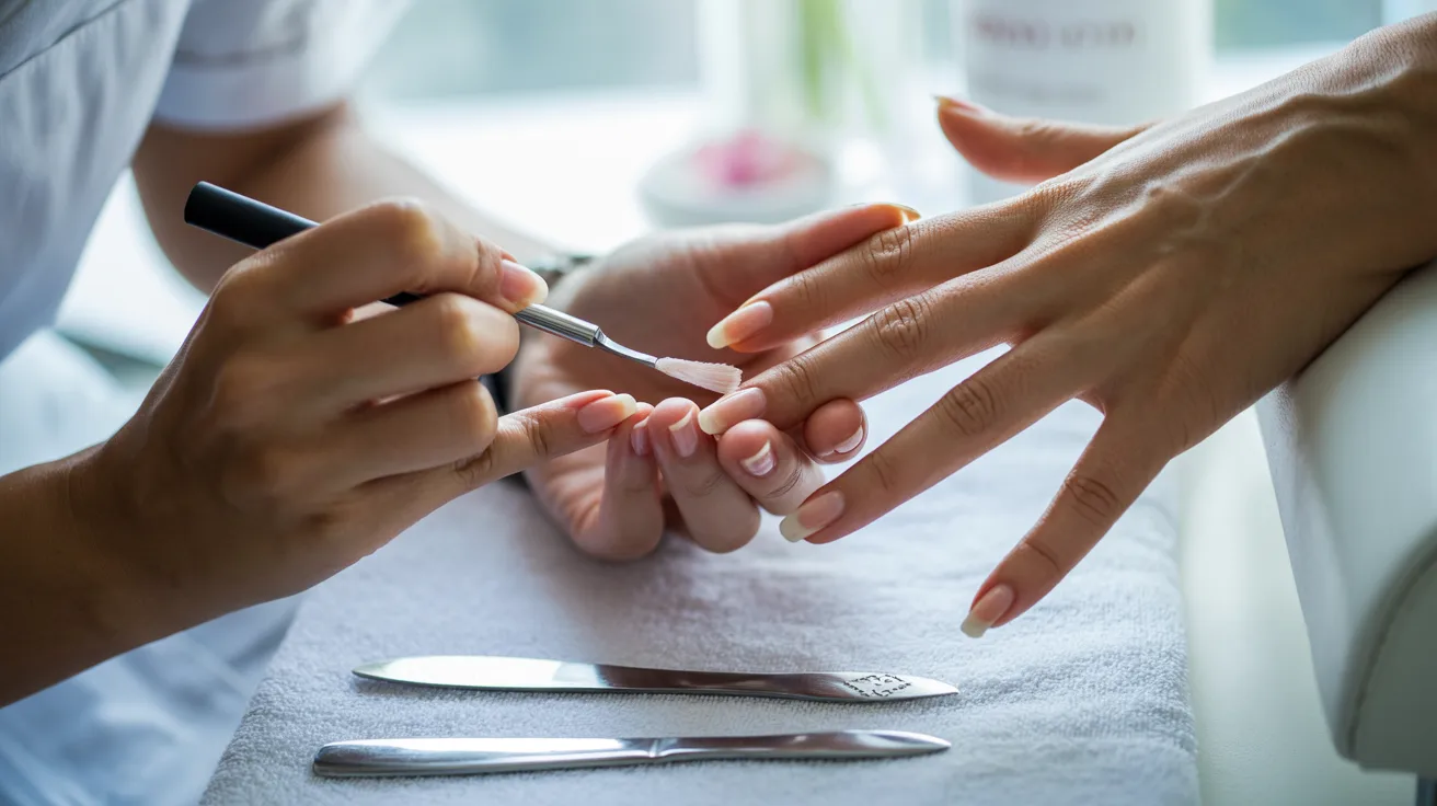 A woman receiving a manicure at a nail salon, with colorful nail polish options displayed nearby.
