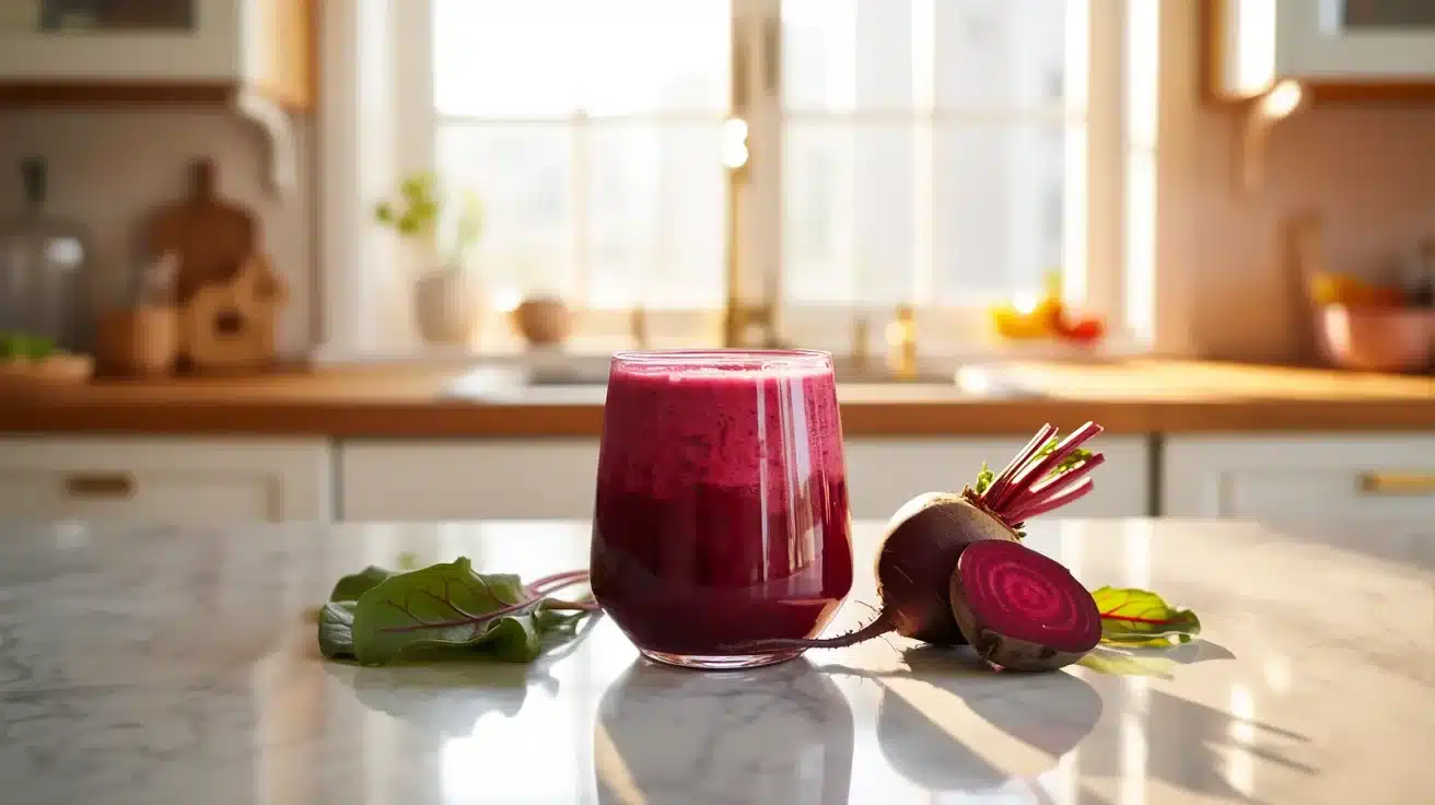 A glass of vibrant beet juice rests on a kitchen counter, showcasing its rich color and inviting appearance.