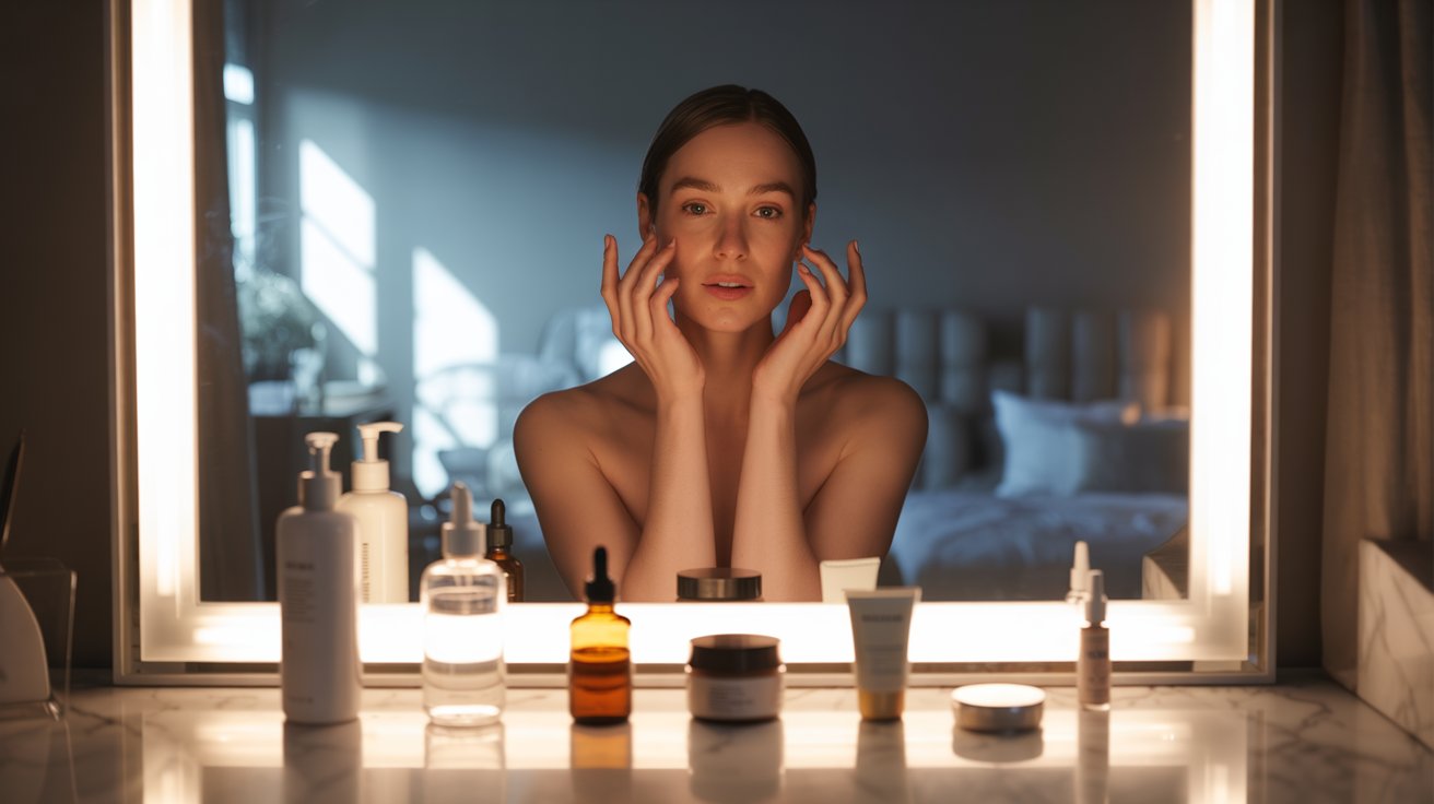 A woman gazes into a mirror, gently holding her face with both hands, reflecting a moment of self-reflection.