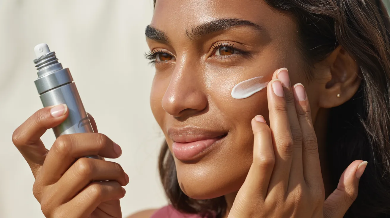 A woman applies cream to her face, focusing on skincare in a well-lit bathroom setting.