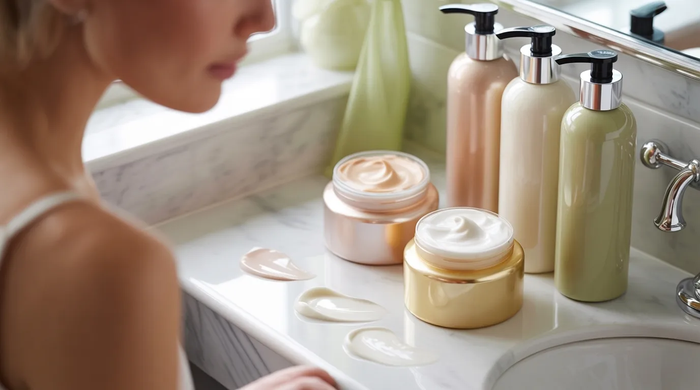 A woman examines her collection of skin care products on a table, focusing intently on the labels and textures.