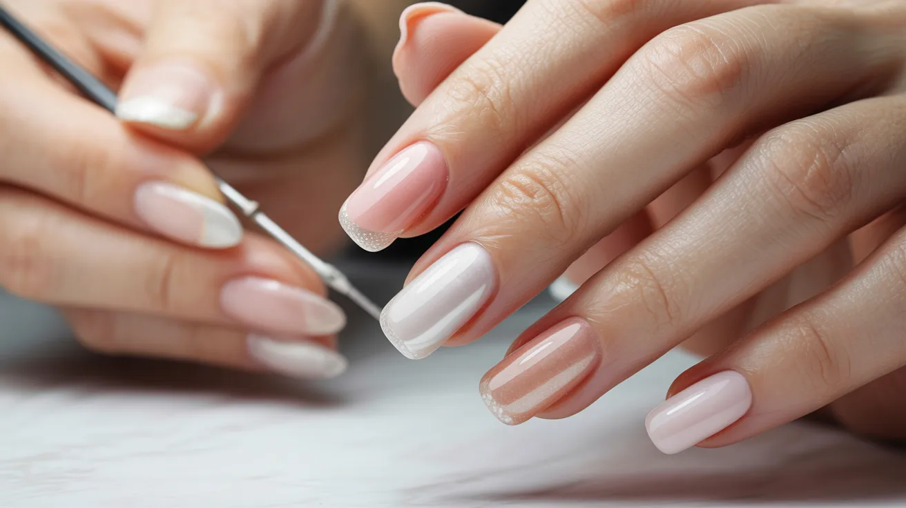 A woman displays her long, elegantly manicured white nails against a neutral background.