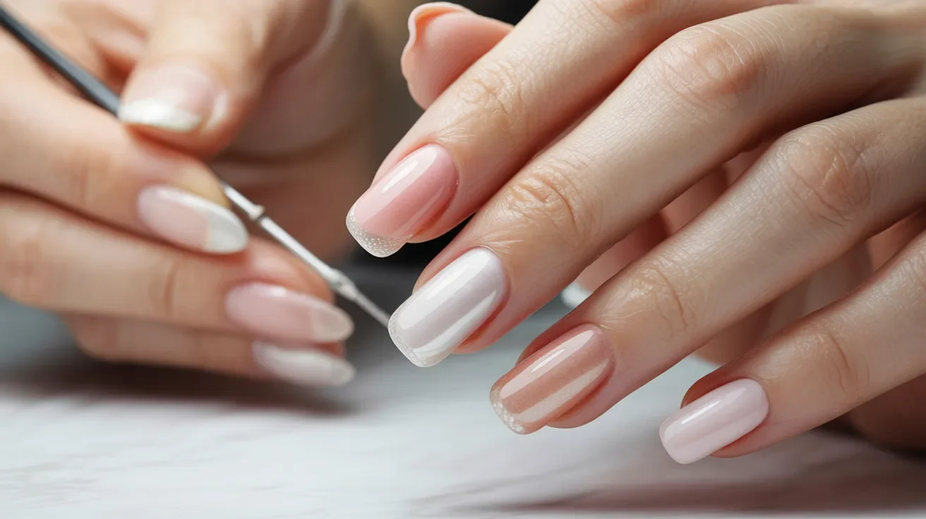 A woman displays her long, elegantly manicured white nails against a neutral background.