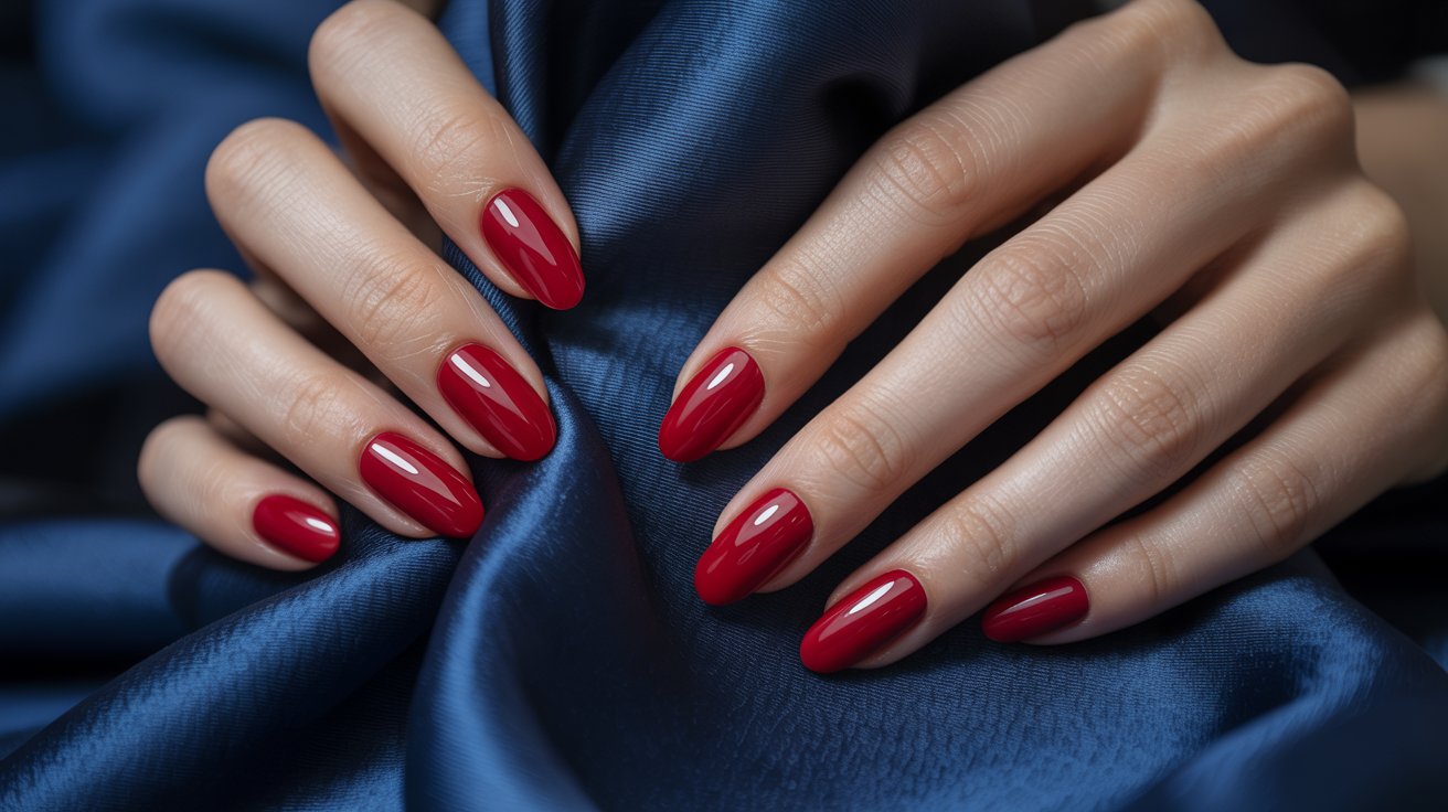 A close-up of a woman's hands showcasing elegant red manicured nails against a neutral background.