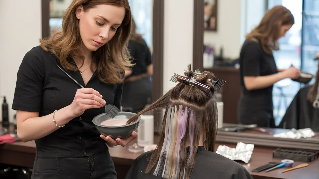 A woman sits in a salon chair, having her hair styled by a stylist with various tools and products around them.