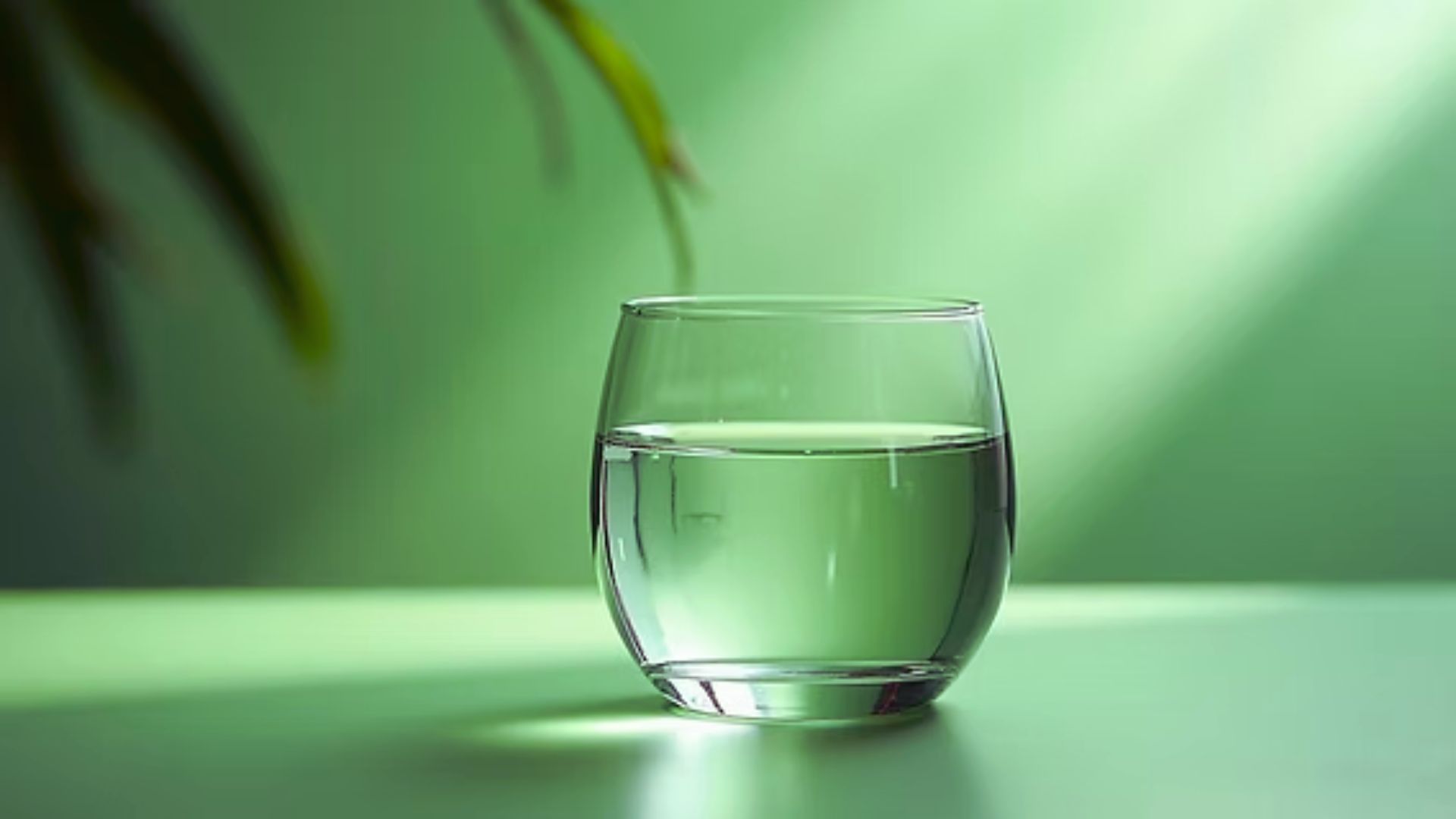 A clear glass of water placed on a wooden table, reflecting light from nearby windows.