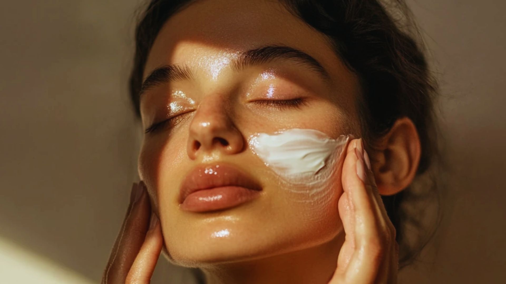A woman smiling with her face covered in white cream, suggesting a skincare or beauty treatment.
