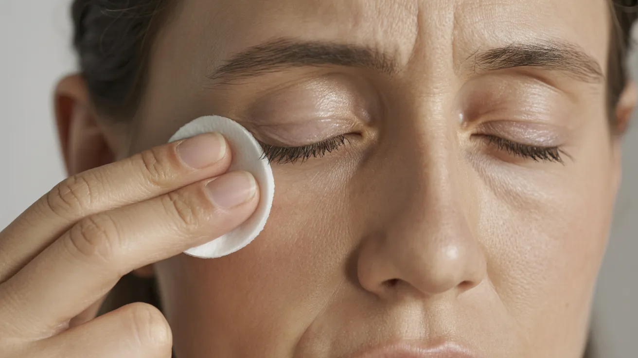A woman gently cleans her eyes with a white eye pad, focusing on her personal care routine.