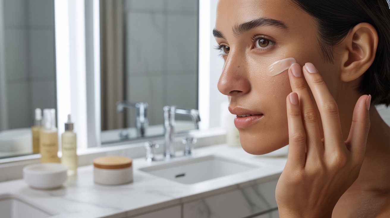A woman applies cream to her face, focusing on skincare in a well-lit bathroom setting.