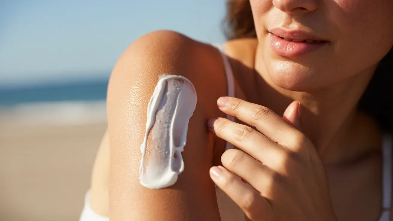 A woman applying sunscreen to her arm, preparing for sun exposure and skin protection.