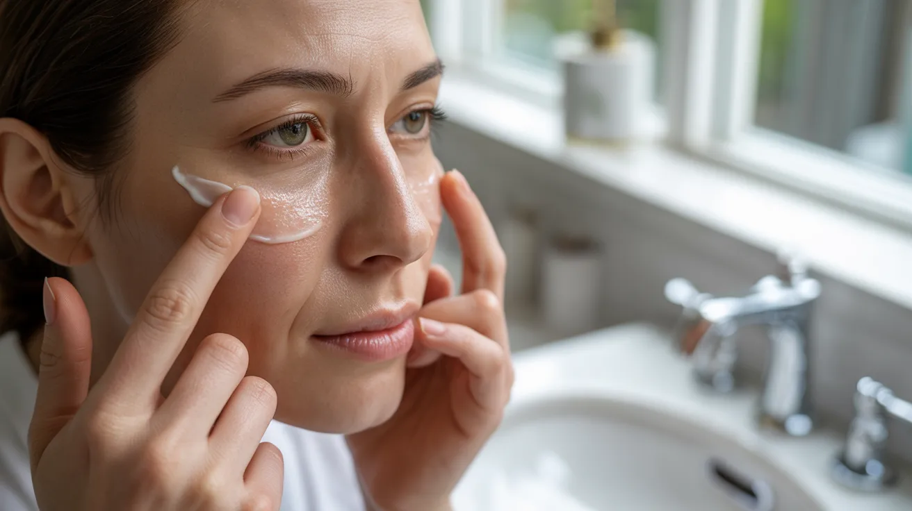 A woman gently applies cream to her face, focusing on skincare in a well-lit bathroom setting.