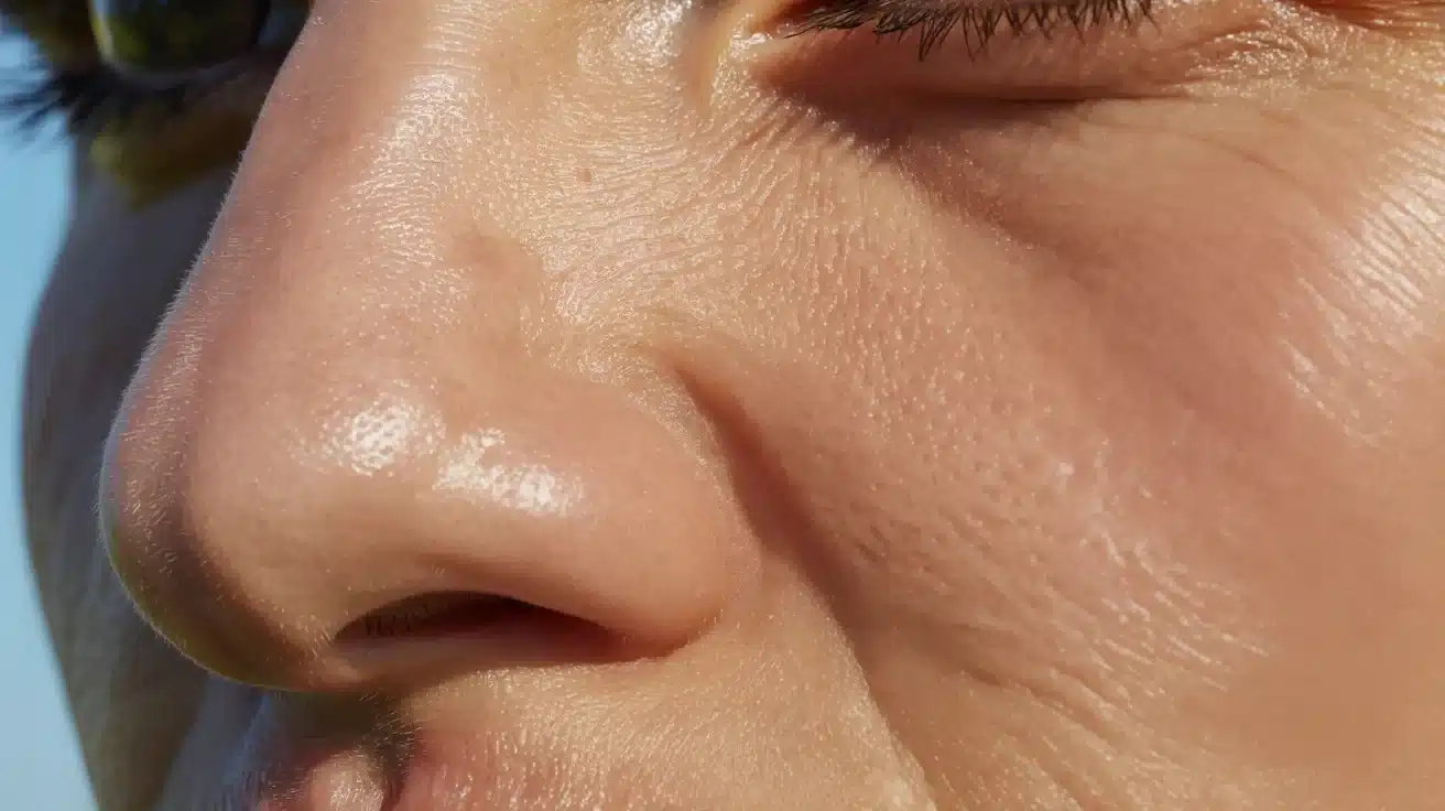 Close-up of a woman's face highlighting her prominent nose and facial features.